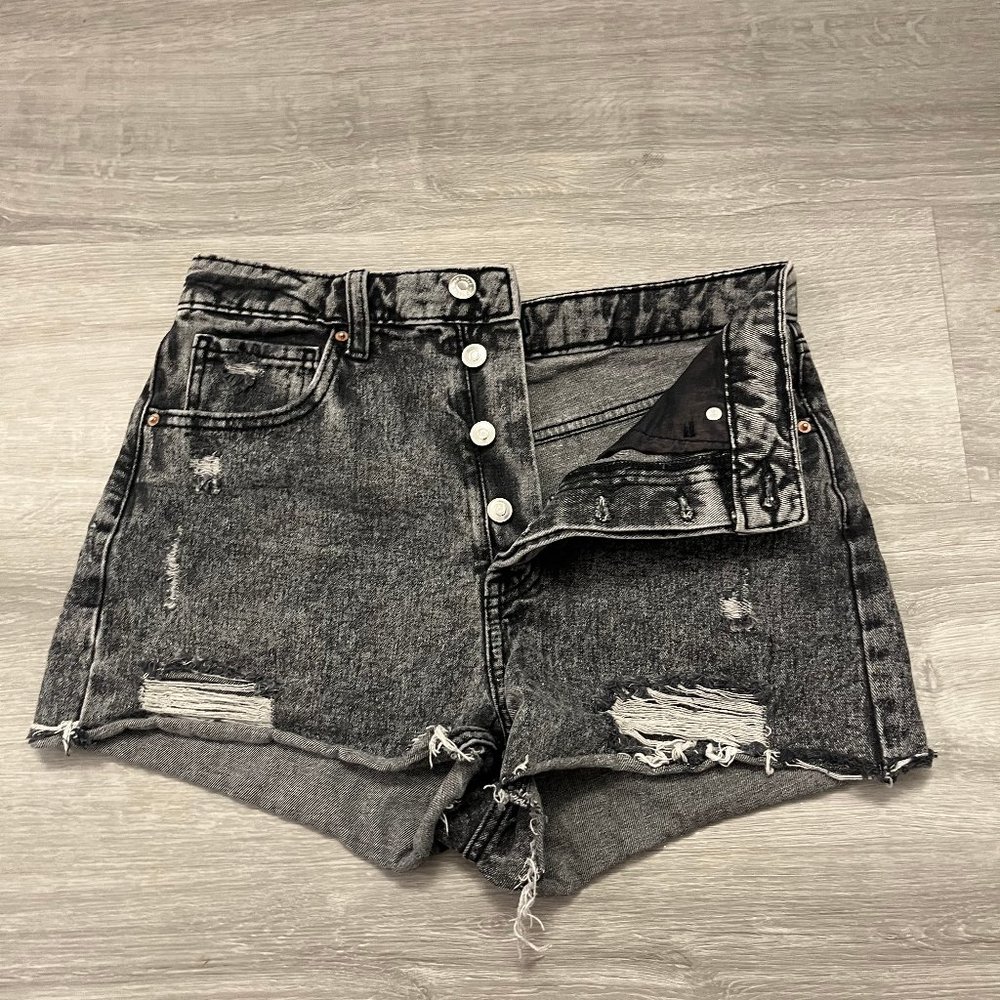 Black denim button up shorts